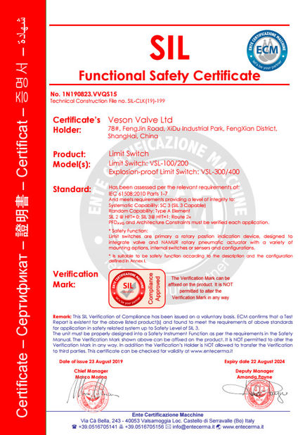 China Veson Valve Ltd. certification